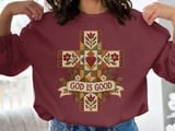 God Is Good Christian Sweatshirt, Quilted Cross Hoodie, Faux Patchwork Floral Faith Tote Bag, Country Folk Art Religious Easter Gift thumbnail 1