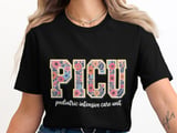 Floral PICU Pediatric ICU Nurse T-Shirt: Retro Flower Intensive Care Unit thumbnail 1