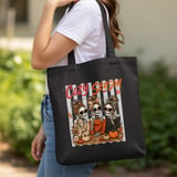 Cozy Season Skeletons Tote Bag, Messy Bun Skeleton Friends Fall Autumn Coffee Lover Halloween Spooky Cute Canvas Bag Gift Banner thumbnail 4
