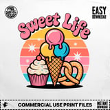 Sweet Life Digital PNG, Retro Ice Cream Cupcake Pretzel Graphic, Groovy Dessert Art, Summer Food Download, Candy Clipart thumbnail 1