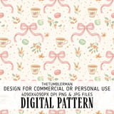 Digital Floral Pattern, Seamless Watercolor Teacup and Macarons, Pink Bows, Flower Illustration, Digital Bundle Pattern for Commercial Use thumbnail 1