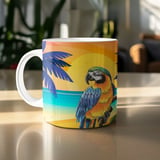 Vibrant Tropical Parrot Art Print Mug, Macaw Sunset Beach Scene , Exotic Paradise Gift  thumbnail 3