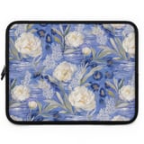 Blue Leopard White Peony Laptop Sleeve, Faux Lace Floral Tech Bag, Artistic Accessory Pouch, Romantic Gift For Her thumbnail 1