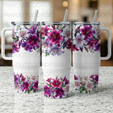 40oz Tumbler Sublimation PNG, Distressed Lily Floral Seamless Wrap, Purple White Flowers Mom Tumbler Design, Add Name, Digital Download thumbnail 2