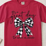Checkered Bow Race Day T-Shirt, Great Day to Win a Race Tee, Trendy Coquette Racing Shirt, Speedway Car Girl Shirt, Race Mom Gift thumbnail 1