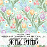 Digital Bundle Pattern, Floral Digital Paper, Seamless Floral Pattern, Watercolor Flower Pattern, Tulips, Daisies Digital, Commercial Use thumbnail 1