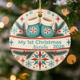 Baby First Christmas Ornament Personalized, Retro 1st Xmas Keepsake Bauble for Newborn Boy Girl, Custom Baby Booties Holiday Tree Decor thumbnail 2