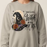 There's A Little Witch In All of Us Shirt, Celestial Witch Hat Floral Graphic Tee, Moon & Stars Halloween Sweatshirt Gift thumbnail 4