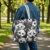 Cat Faces Tote Bags, Cute Kitten Throw Pillow, Funny Cat Pattern iPhone Case, Animal Lover Gift, Cat Mom Present, Black and White Art thumbnail 2