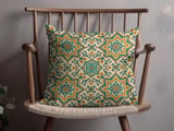 Moroccan Tile Pillow Cover, Teal Gold Geometric Boho Decorative Throw Pillow Case, Mediterranean Home Decor Accent thumbnail 4