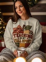 Teaching Is My Fall Sport Sweatshirt, Faux Patchwork Quilted Apple Teacher Hoodie, Autumn School Graphic Tee, Cozy Teacher Tote Bag thumbnail 5