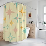 Mid Century Modern Shower Curtain, Bath Mat Retro Atomic Starburst Vintage 1950s Bathroom Decor, Pastel Boho Kitsch Stars Bath Set thumbnail 6