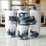 40oz Tumbler Wrap PNG Digital, Vintage Truck Sublimation Design, Misty Forest Landscape, Classic Car & Pine Tree Road Art for Dad Gift thumbnail 1