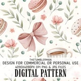 Digital Pattern, Digital Bundle, Floral Pattern, Macaron Pattern, Coffee Cup Pattern, Pink Bow Pattern, Seamless Pattern, Watercolor Pattern thumbnail 1