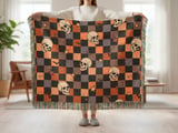 Spooky Skull Bat Stars Halloween Velveteen Blanket, Grunge Checkerboard Woven Throw, Alt Aesthetic Cozy Pillow thumbnail 2