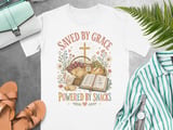 Saved By Grace Powered By Snacks T-Shirt, Christian Faith Shirt, Scripture Bible Verse Tee, Whimsical Cottagecore Jesus Foodie Gift for Her thumbnail 1