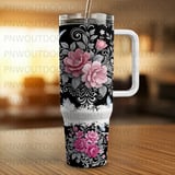 40oz Tumbler Sublimation PNG, Distressed Pink Floral Seamless Design, Tapered Wrap, Black Background, Butterflies, Free Car Coasters thumbnail 6