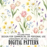 Digital Floral Pattern, Watercolor Flowers, Tulips, Daisies, Lavender, Forget Me Nots, Spring Flower Design, Digital Bundle Pattern thumbnail 1