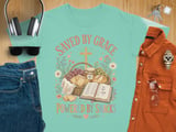 Saved By Grace Powered By Snacks T-Shirt, Christian Faith Shirt, Scripture Bible Verse Tee, Whimsical Cottagecore Jesus Foodie Gift for Her thumbnail 3