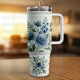 40oz Tumbler Wrap Sublimation, Seamless Distressed Tapered, Watercolor Blue Floral, Luxury Digital PNG, Free Car Coasters, Instant Download thumbnail 5