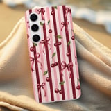 Coquette Cherry Tough Phone Case, Cute Pink Ribbon Bow Aesthetic Phone Cover, Vintage Striped French Chic Cherry Gift for Her thumbnail 6