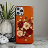 Embroidered Floral Tough Phone Case, Fall Botanical Dahlia Cover, Rustic Burnt Orange Cottagecore Flower Phone Case, Gift for Her thumbnail 1