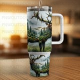 40oz Tumbler Sublimation PNG, Majestic Elk Forest Design, Distressed Tapered Seamless Digital Download, Misty Woodland, Free Car Coasters thumbnail 3