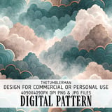 Digital Clouds Pattern, Teal Pink Cloudscape, Geometric Waves, Art Deco, Background, Texture, Digital Paper Bundle, Scrapbook Paper Digital thumbnail 1
