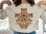God Is Good Christian Sweatshirt, Quilted Cross Hoodie, Faux Patchwork Floral Faith Tote Bag, Country Folk Art Religious Easter Gift thumbnail 10