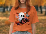 Knitting Ghost T-Shirt, Halloween Ghost Shirt, Spooky Cute Tee, Funny Ghost Design, Ghost with Cat and Pumpkin, Fall Season T Shirt thumbnail 6
