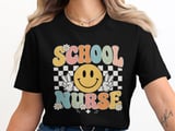 School Nurse T-Shirt: Retro Smiley Face, Checkerboard, Daisy Flowers Design thumbnail 8