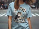 Saved By Grace Christian Cat T-Shirt, Faith Based Tuxedo Kitty and Bible Verse Tee, Cute Religious Floral Women's Gift Shirt thumbnail 9