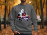 Knitting Ghost T-Shirt, Halloween Ghost Shirt, Spooky Season T-Shirt, Cute Ghost T-Shirt, Ghost and Cat Tee, Pumpkin T-Shirt thumbnail 5