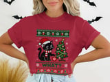 Black Cat What Pushing Christmas Tree Ornament Santa Hat Knitted Holiday Graphic Standard T Shirts thumbnail 2