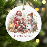 Black Santa Christmas Ornament, Tis The Season Holiday Decor, African American Santa and Snowman Keepsake, Cozy Xmas Tree Decoration Gift thumbnail 3