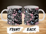 Pink Floral Butterfly Mug Sublimation Wrap 11oz 15oz, Black Background Rose Hydrangea Digital Design, Cottagecore Romantic Garden Mug Print thumbnail 4