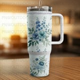 Luxury Blue Floral 40oz Tumbler Wrap Sublimation, Seamless Distressed Tapered Digital Download, Watercolor Flowers, Free Car Coasters thumbnail 6