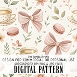 Digital Pattern Bundle, Watercolor Bows, Coffee Cups, Macarons, Floral Design, Digital Paper Pack, Scrapbooking, Commercial Use Digital thumbnail 1