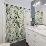 Sage Green Botanical Shower Curtain, Boho Folk Art Leaves Bath Mat, Earthy Cottagecore Bathroom Decor, Modern Nature Floral Bath Set thumbnail 3