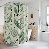 Sage Green Botanical Shower Curtain, Boho Folk Art Leaves Bath Mat, Earthy Cottagecore Bathroom Decor, Modern Nature Floral Bath Set thumbnail 6