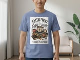 Faith First Coffee Second Lesson Plans Third T-Shirt | Christian Teacher Gift | Distressed Scripture Tee | Coffee Lover Educator thumbnail 6