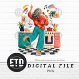 Dancing Grandma Kitchen Sublimation PNG Digital File for T-Shirts Mugs | Whimsical Happy Homemaker Singing Art Gift thumbnail 1