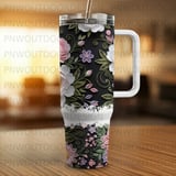 40oz Tumbler Sublimation PNG, Distressed Tapered Seamless Quilled Flowers, Peony Rose Digital Design, Free Car Coasters Included thumbnail 3