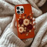 Embroidered Floral Tough Phone Case, Fall Botanical Dahlia Cover, Rustic Burnt Orange Cottagecore Flower Phone Case, Gift for Her thumbnail 2