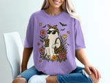 Groovy Ghost T-Shirt, Spooky Season Sweatshirt, Cute Halloween Leopard Print Ghost with Coffee and Flowers, Fall Vibes thumbnail 2