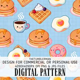 Digital Bundle Pattern, Cute Breakfast Digital Paper, Kawaii Pancakes, Waffles, Eggs, Donut, Coffee Pattern, Foodie Digital, Commercial Use thumbnail 1