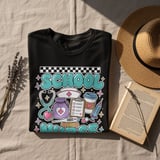 School Nurse T-Shirt: Retro Bubble Letters, Medical Stethoscope, Coffee Cup Design thumbnail 9