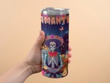 Personalized Halloween Tumbler, Day of the Dead Tumbler, Halloween Skeletons, Custom Name Tumbler, Fiesta Skull Tumbler, Sugar Skull Gift thumbnail 2