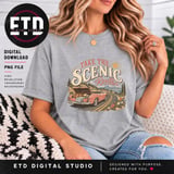 Take The Scenic Route PNG Vintage Road Trip Sublimation, Retro Car Coastal Vacation Travel Graphic, Summer Mountain Adventure Clipart thumbnail 13