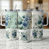 40oz Tumbler Wrap Sublimation, Seamless Distressed Tapered, Watercolor Blue Floral, Luxury Digital PNG, Free Car Coasters, Instant Download thumbnail 4